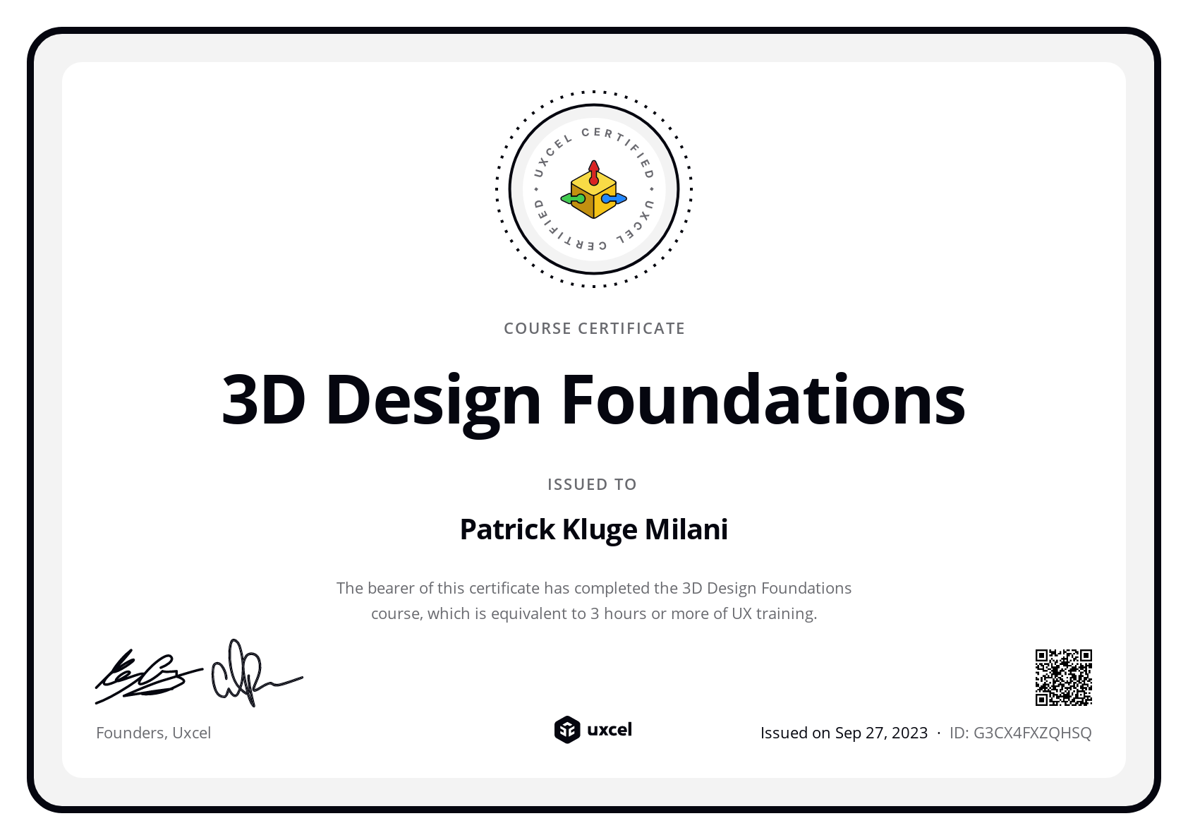 Patrick Kluge Milani's certificate